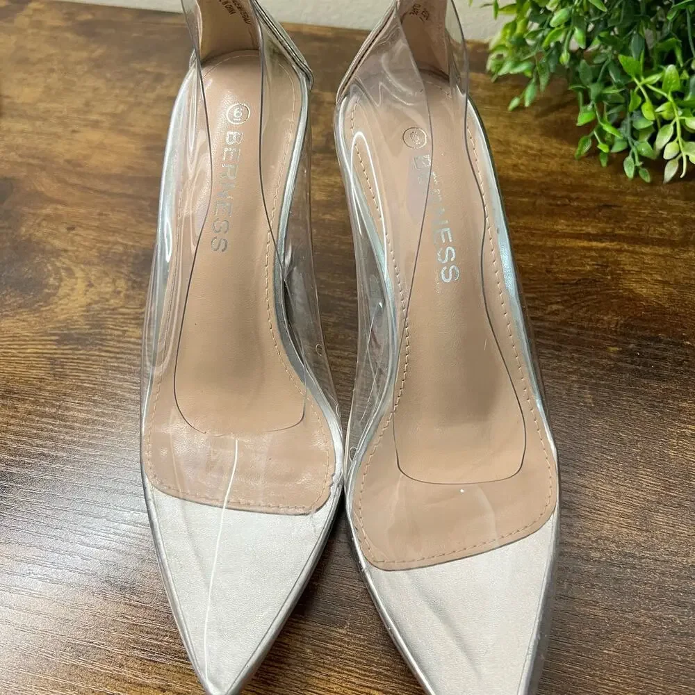 Berness Clare Clear Wedge Pumps 6 Party Pointed Toe Silver Slip On Going Out